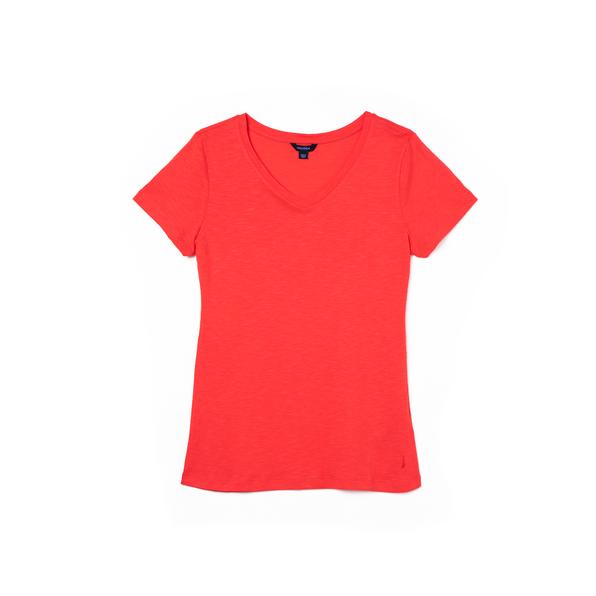 Nautica Kadın Kırmızı V-Yaka T-Shirt. 4