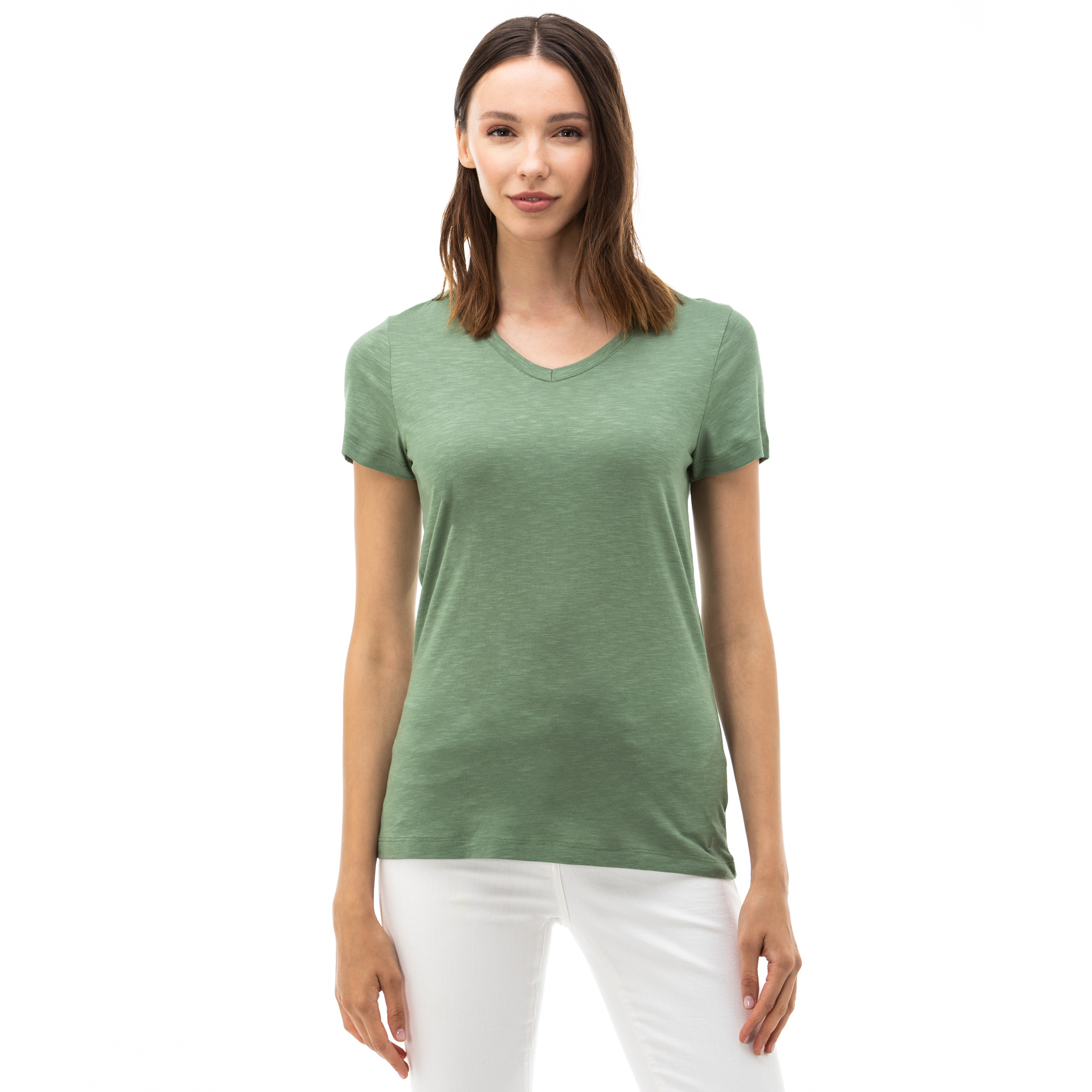Nautica Kadın Yeşil V-Yaka T-Shirt. 1