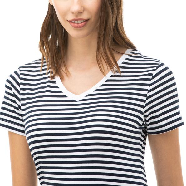 Nautica Kadın Lacivert Çizgili V-Yaka T-Shirt. 5